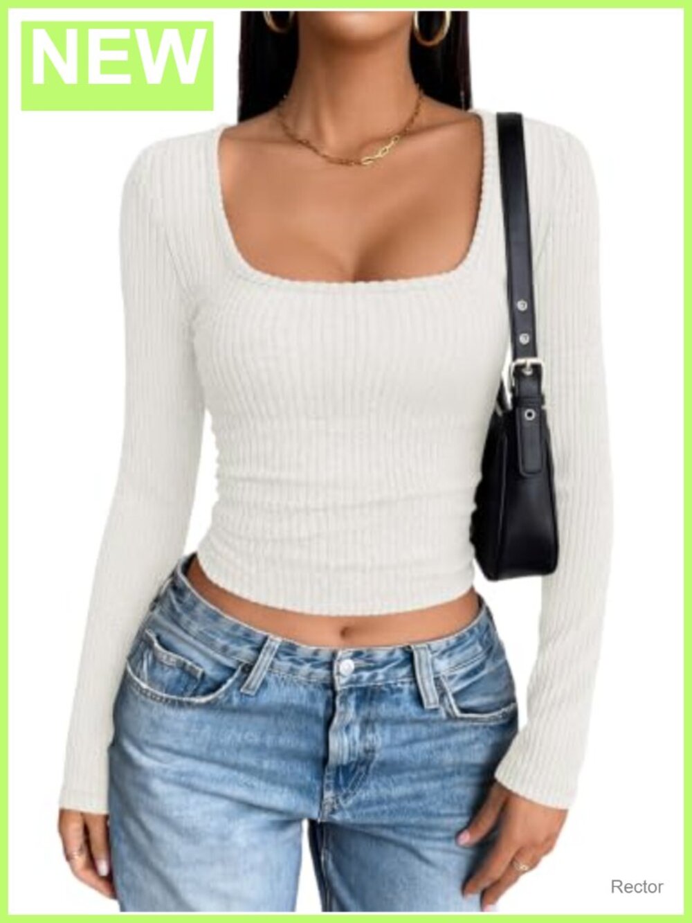 Womens Square Neck Crop Top Long Sleeve Ribbed Knit Slim Fit